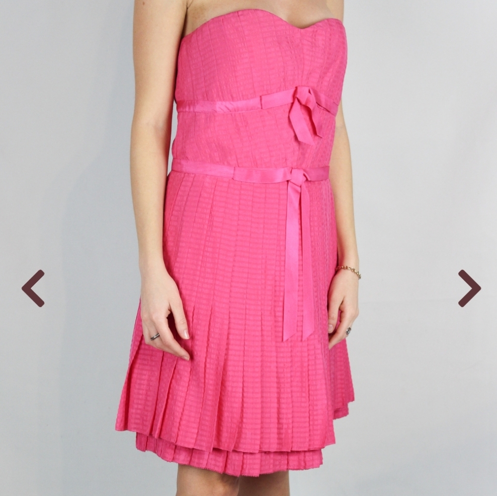 Marc by marc jacobs pink silk strapless bow pleated midi ruffle dress‎ size 4